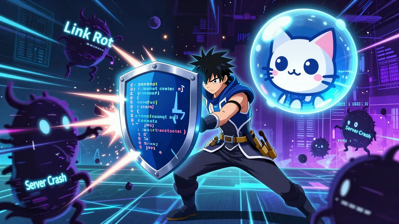 Anime warrior shielding digital assets from glitch monsters with a code-based shield.