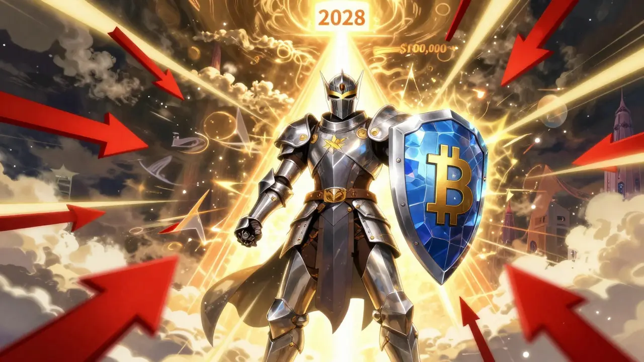 Armored Bitcoin knight defending against market storms towards 2028