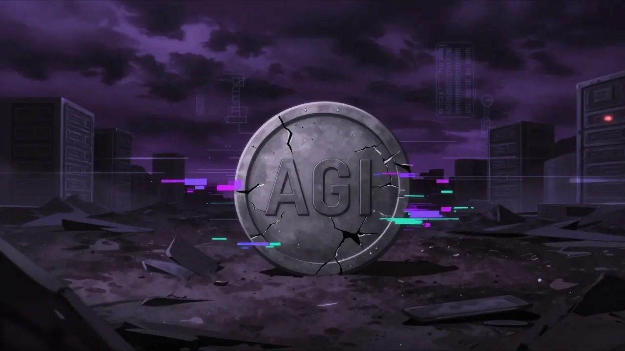 Cracked AGI token lying in a dark, abandoned digital wasteland