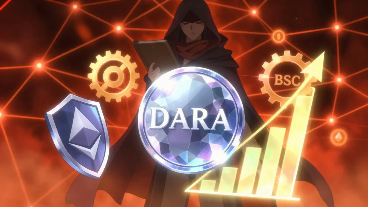 DARA token glowing with governance and fee utility against a blockchain backdrop.