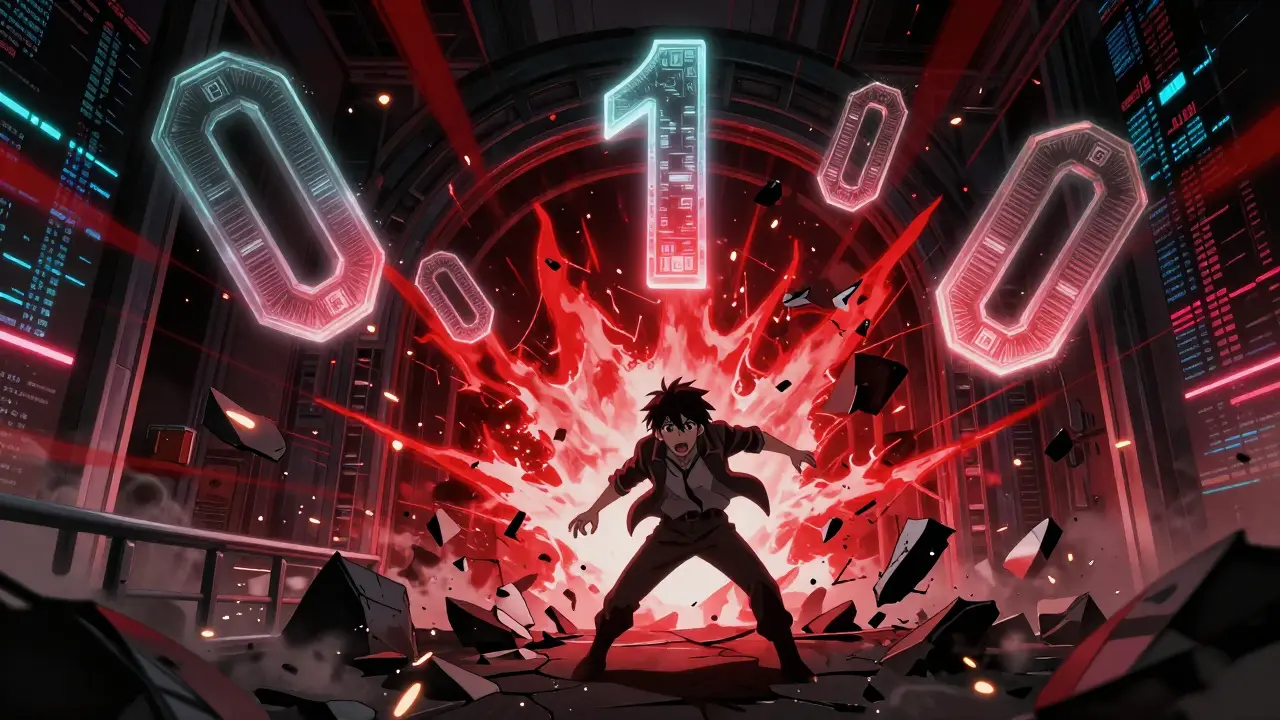 Dramatic anime scene of a digital vault exploding with red energy during a hack.