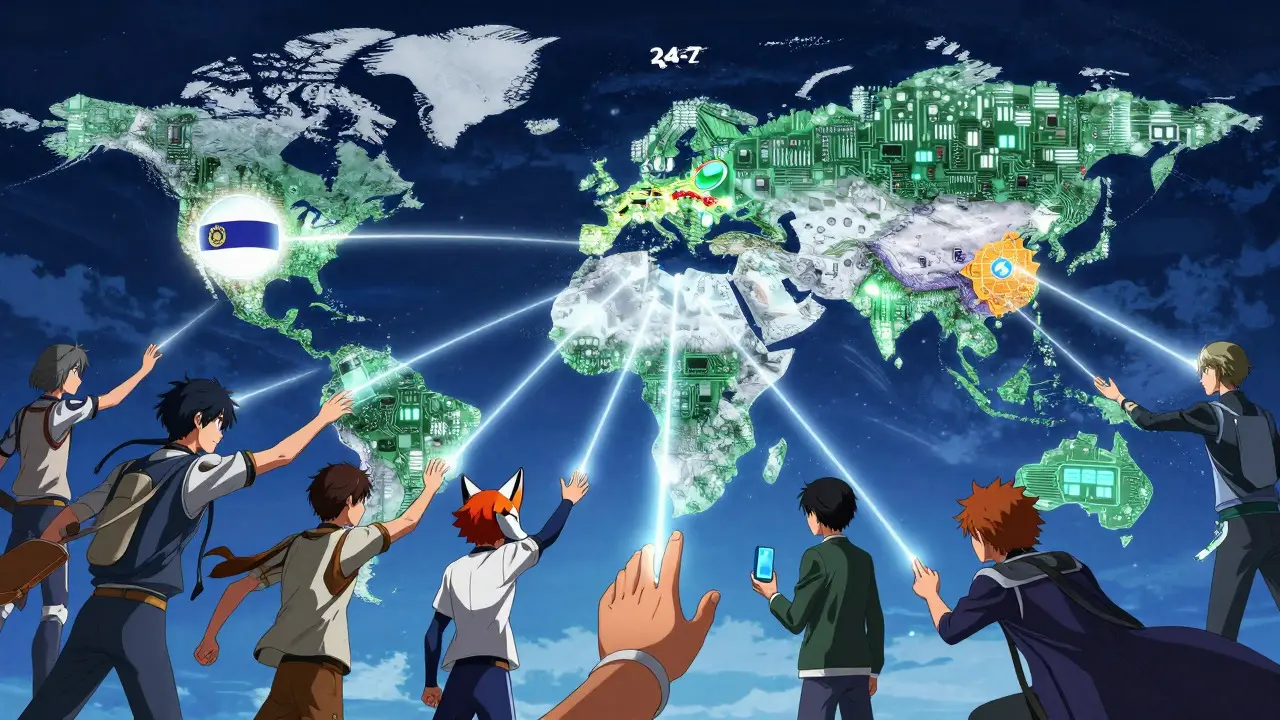 Global circuit board map with users from various countries accessing markets via energy beams.