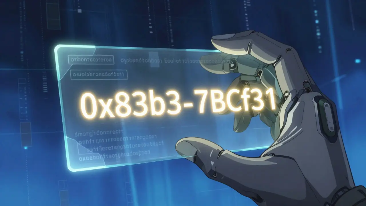 Gloved hand verifying golden smart contract code in anime