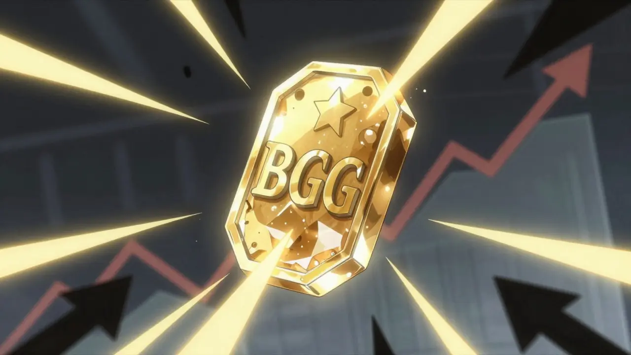 Glowing BGG token with buyback and burn visual effects in anime style