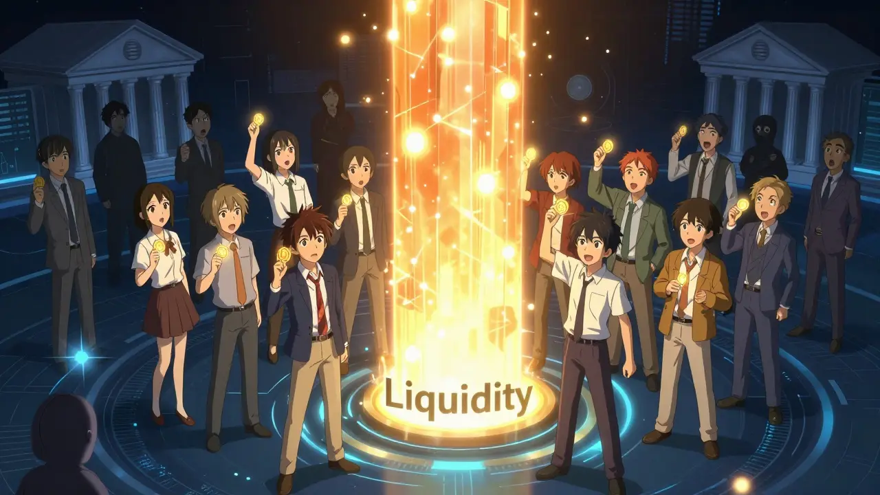 Group of anime characters powering up a digital pillar, symbolizing community-driven liquidity provision.