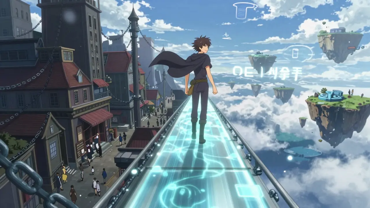 Hero crossing bridge from CEX to DeFi in anime style