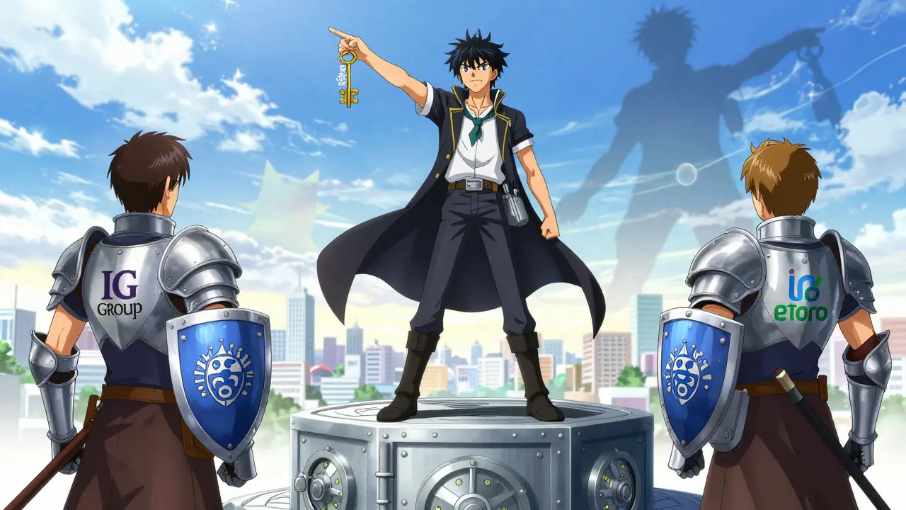 Heroic anime traders stand on safety pedestal with regulated broker allies