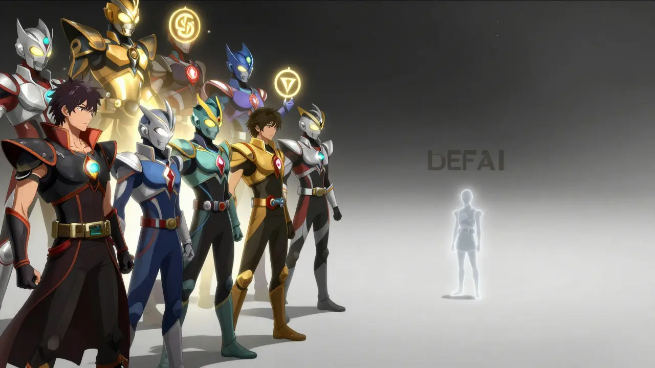 Heroic DeFi avatars towering over a fading, insignificant DEFAI figure