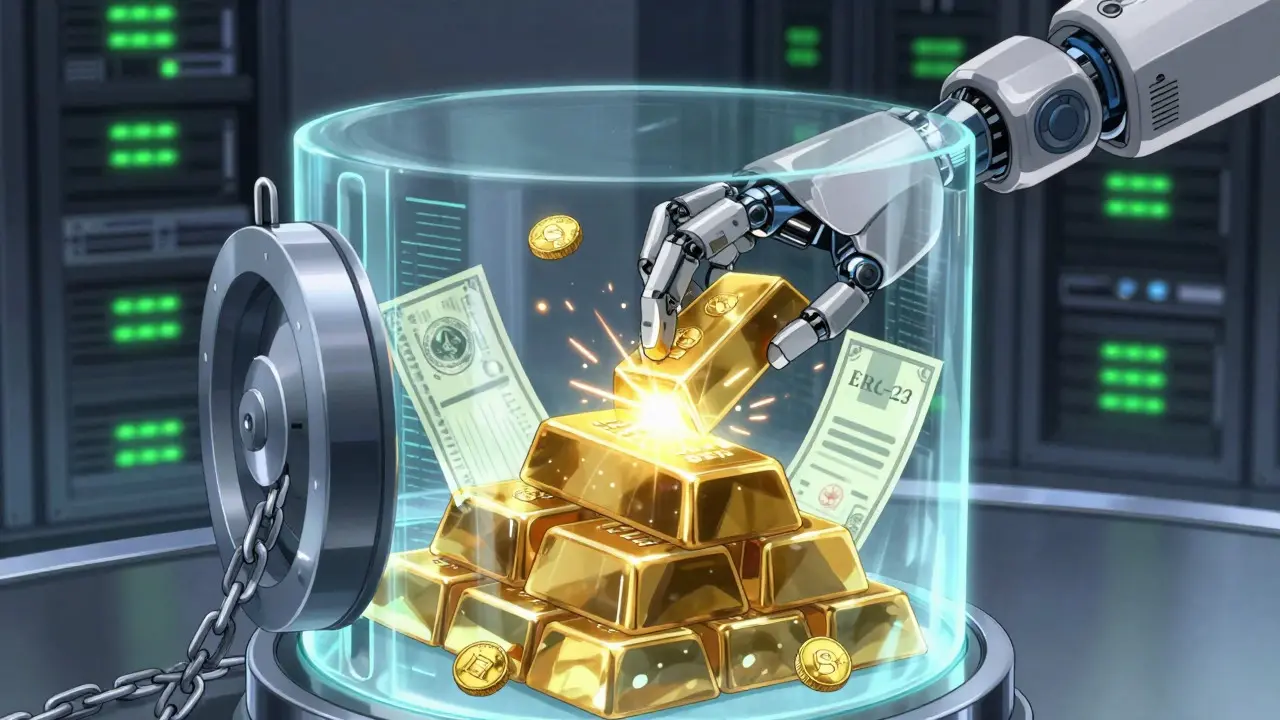 Holographic vault showing stocks turning into glowing crypto tokens, secured by a robotic arm.