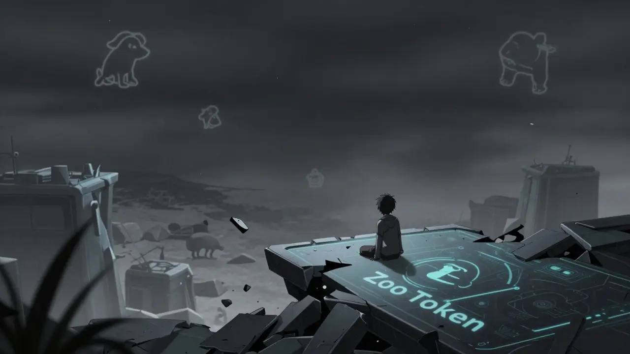 Lone anime figure sitting on a crumbling digital platform amidst a dark, empty void.