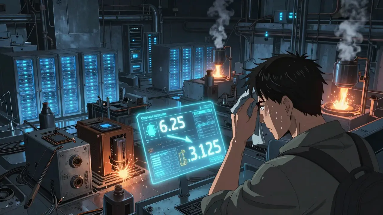 Miner checking holographic stats in high-tech industrial mining hall