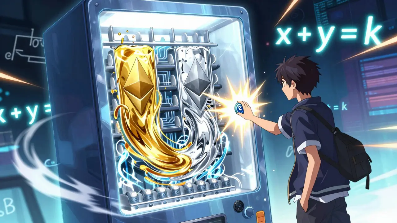 Shounen anime character interacting with a futuristic vending machine representing crypto liquidity pools.