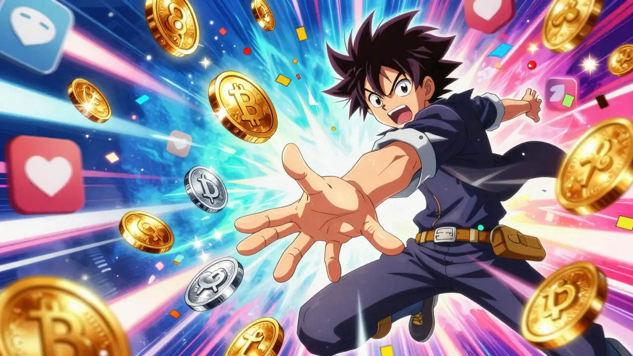 Shounen character catching falling crypto tokens amidst a burst of digital confetti.