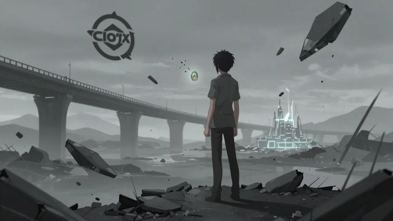 Somber anime character holding dissolving tokens amidst ruined bridge wreckage.