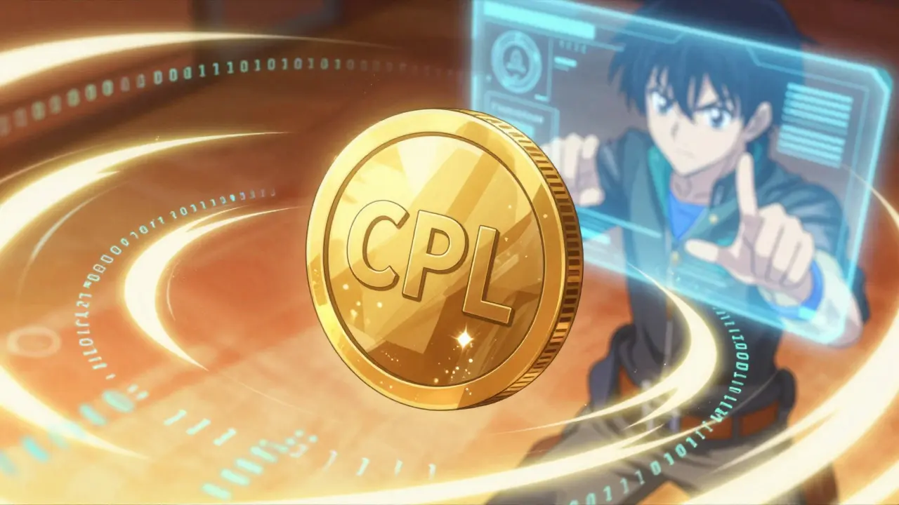 Spinning CPL token with data streams in shounen anime style