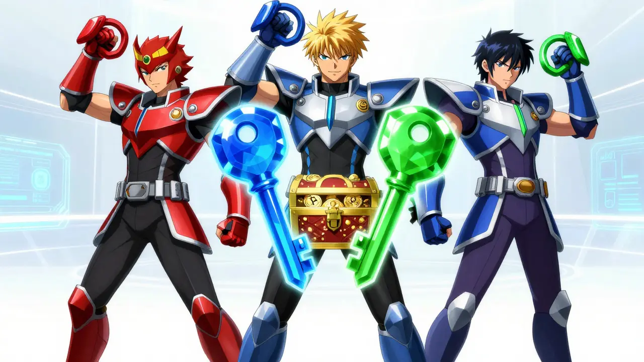 Three anime guardians forming a shield with crystal keys