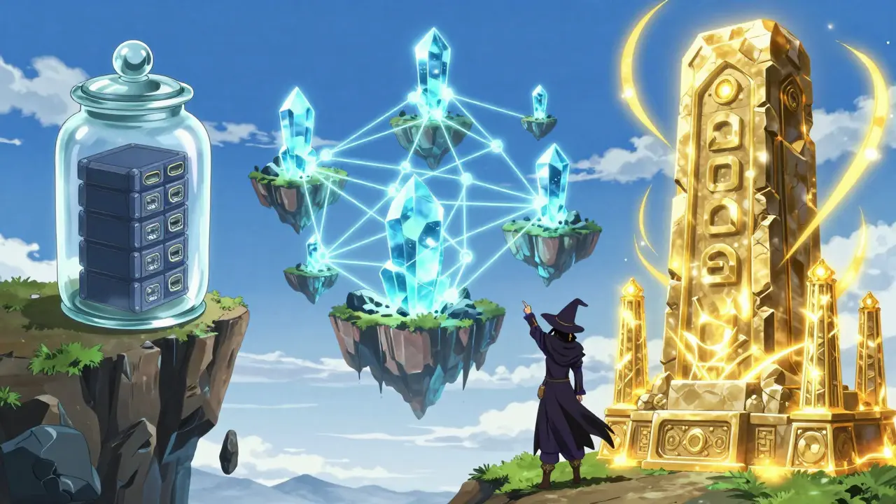 Three anime-style storage realms: fragile server, decentralized network, and solid on-chain monolith.