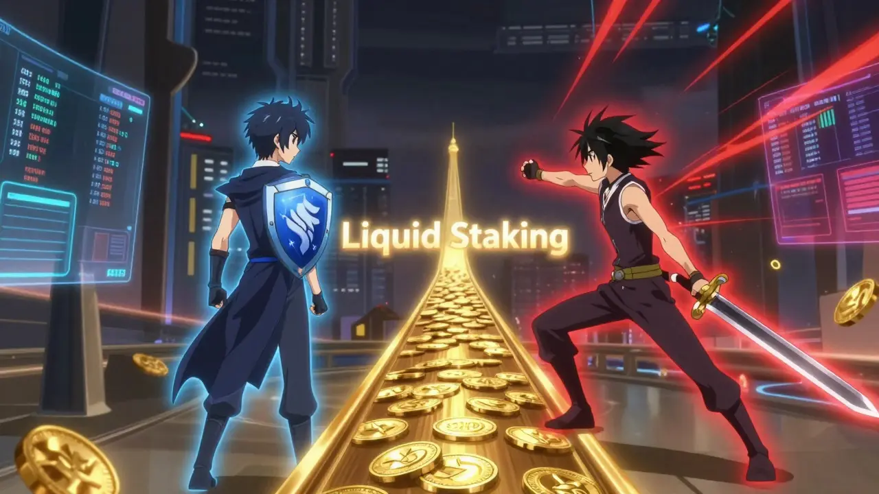 Two anime characters combining staking security and farming agility via liquid staking.