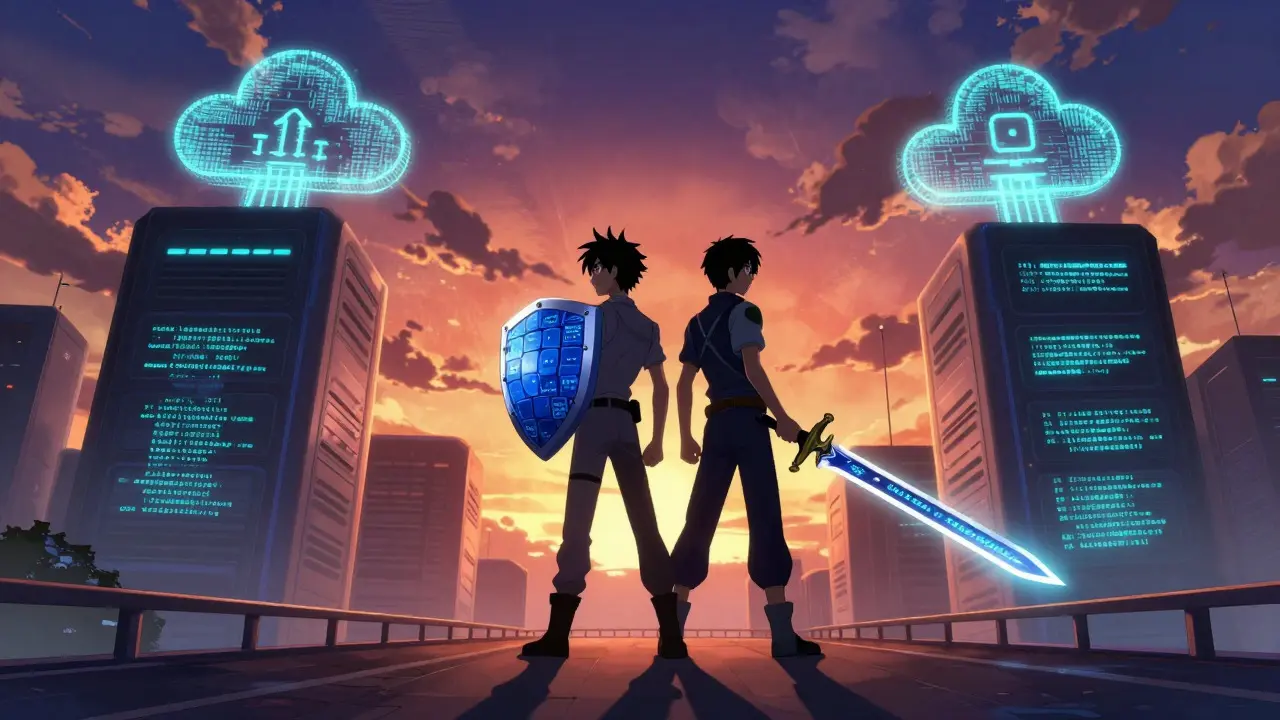 Two anime warriors guarding blockchain bridges with data shields and code swords.
