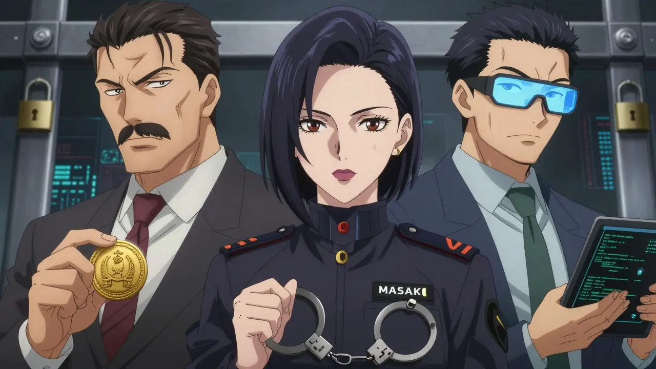 An anime-style close-up of three authoritative figures representing Turkey's regulatory triad: the Capital Markets Board, MASAK, and TÜBİTAK, standing before digital barriers, symbolizing strict oversight and enforcement.