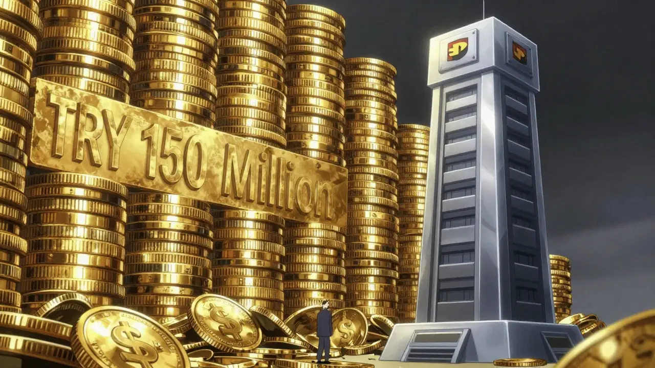 An anime-style symbolic image where giant gold coins crush a small exchange while a fortified, licensed tower stands strong, representing the high capital entry barriers and market consolidation in Turkey's crypto sector.