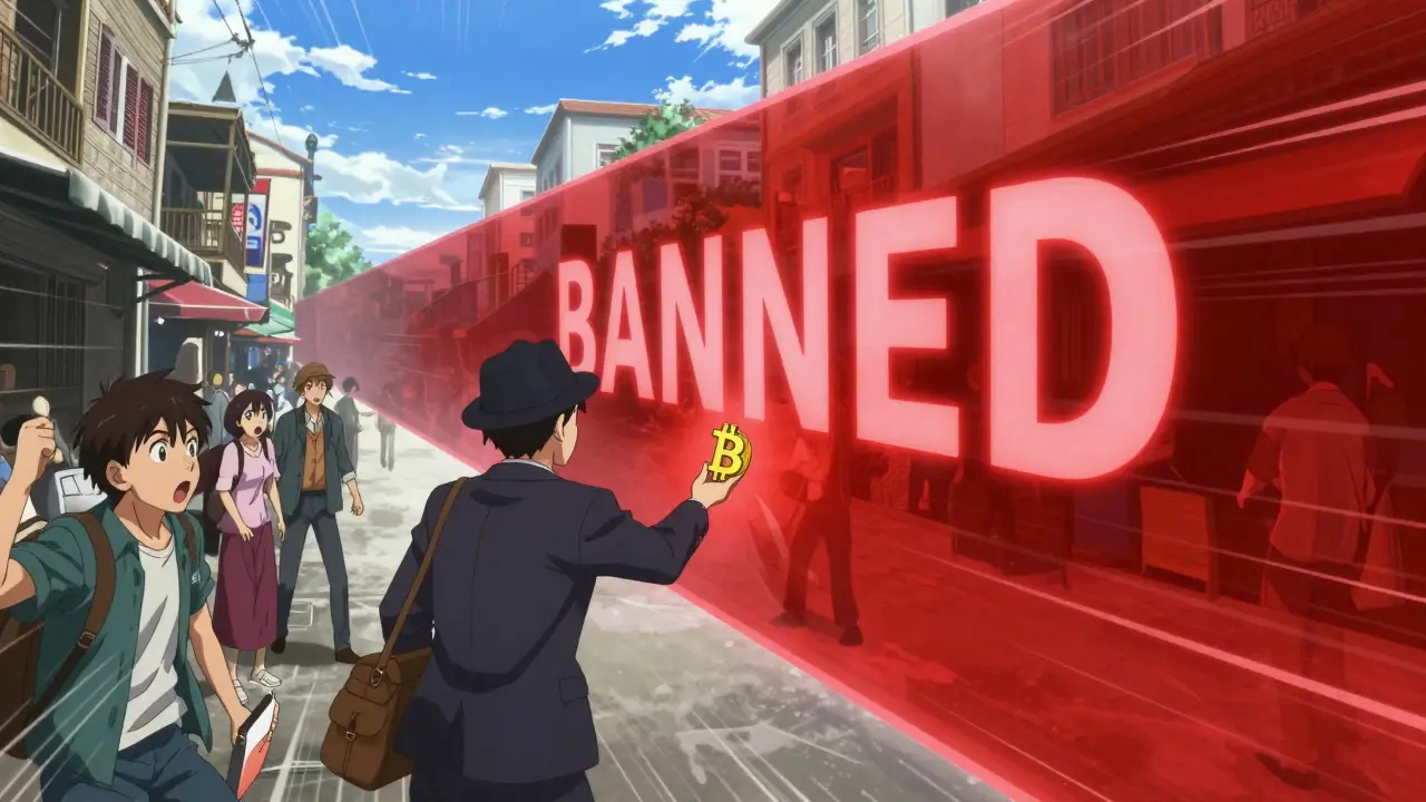 An intense anime action scene showing a red energy barrier blocking a cryptocurrency payment in a busy market, illustrating the absolute ban on using crypto for goods and services in Turkey.