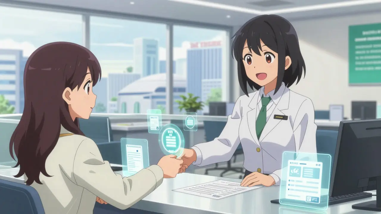 Anime bank teller exchanging a digital token with a customer in a bright, modern office