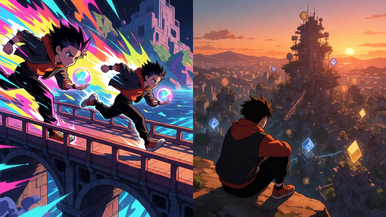 Anime character bridging Ethereum and BNB chains against a financial cityscape