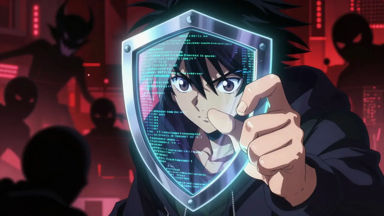 Anime character holding a protective code shield against digital threats