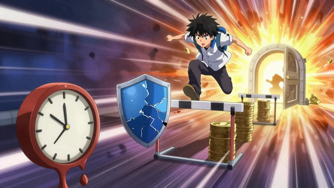 Anime character jumping over stylized hurdles representing crypto risks toward a secure vault