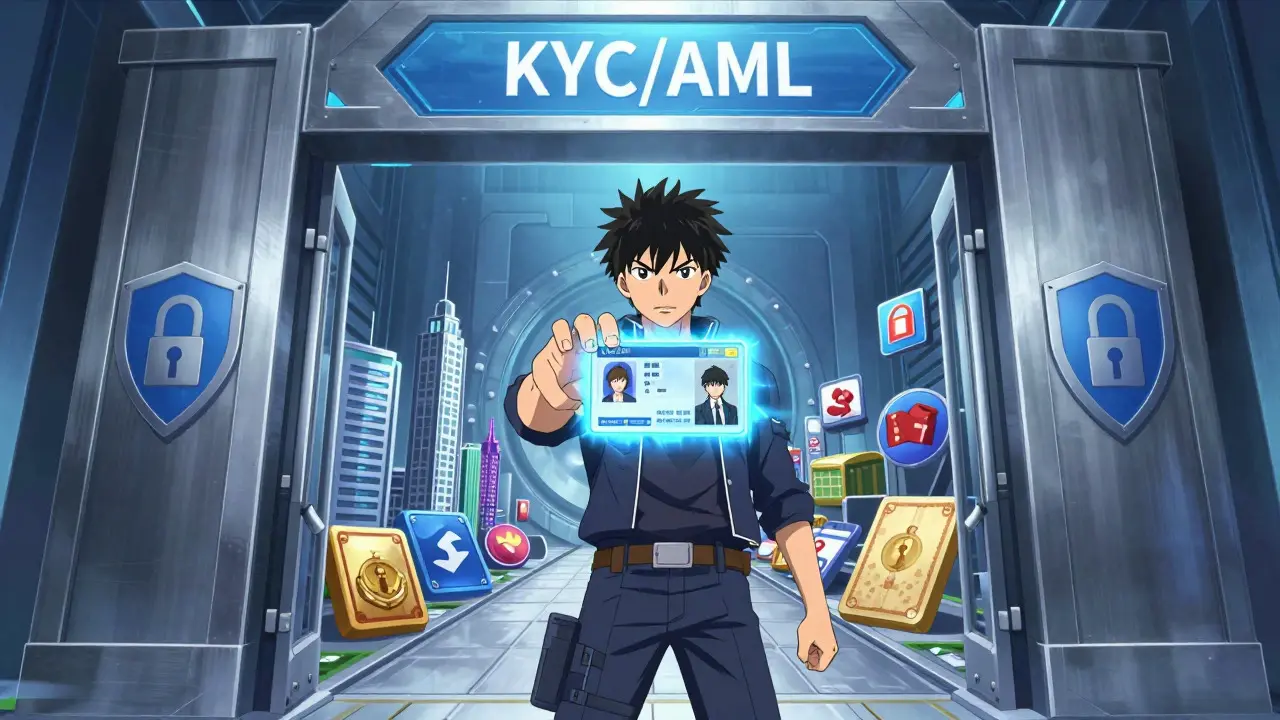 Anime character passing a glowing security check at a digital gate