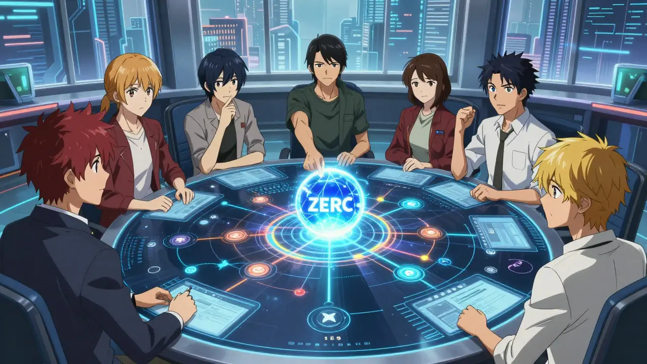 Anime characters analyzing a glowing token orb in a high-tech strategy room