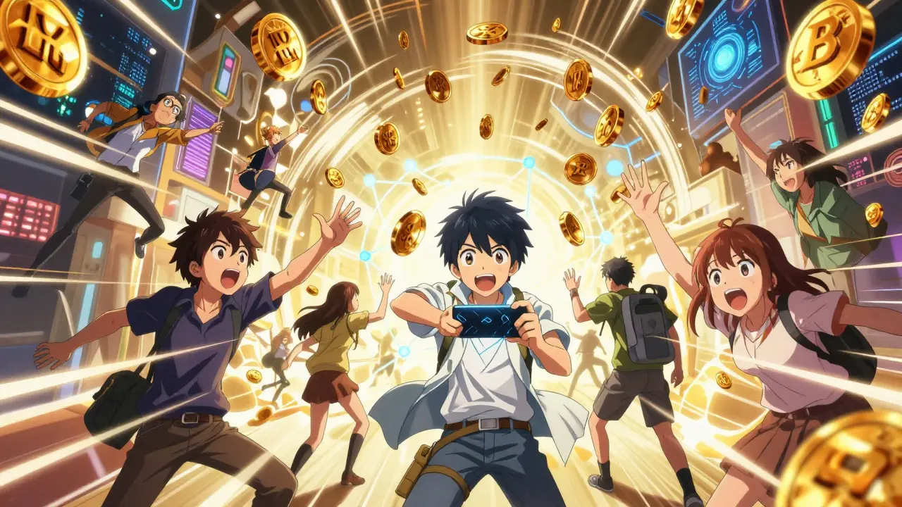 Anime characters competing to catch falling golden crypto tokens