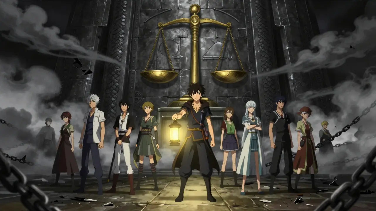 Anime characters facing a wall of justice with a safe illuminated path
