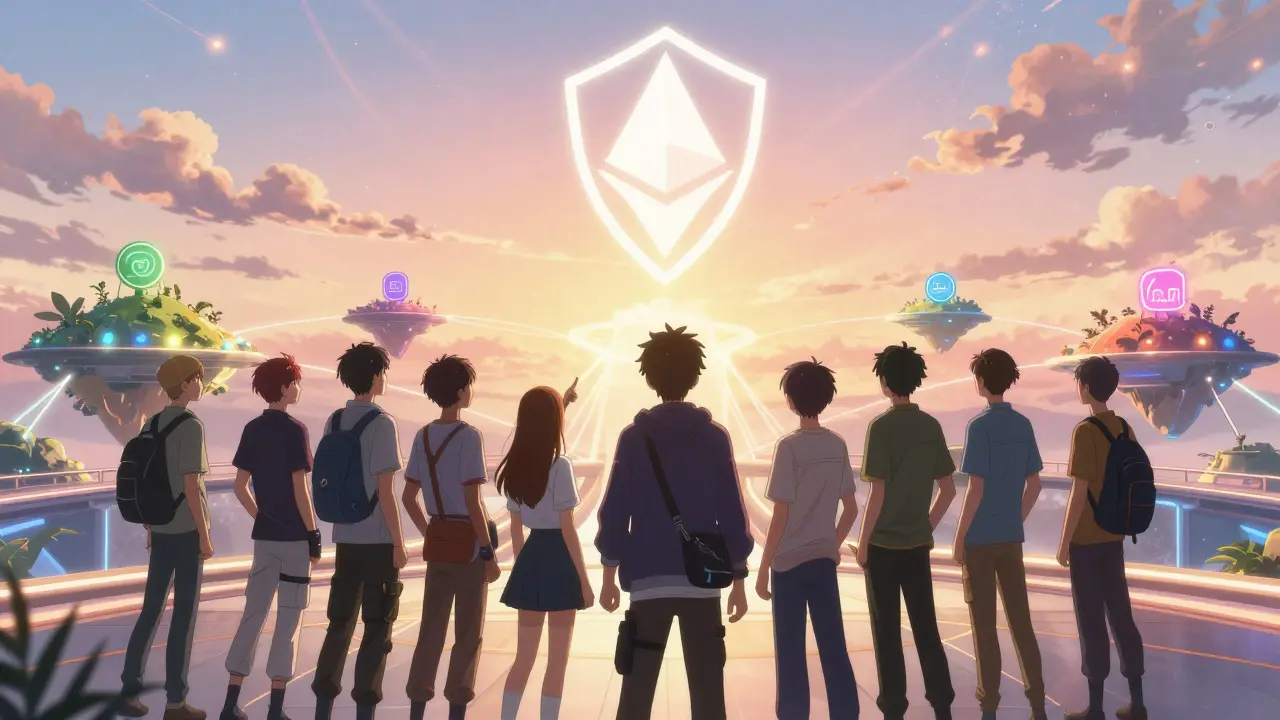 Anime characters looking at connected light bridges under a dawn sky