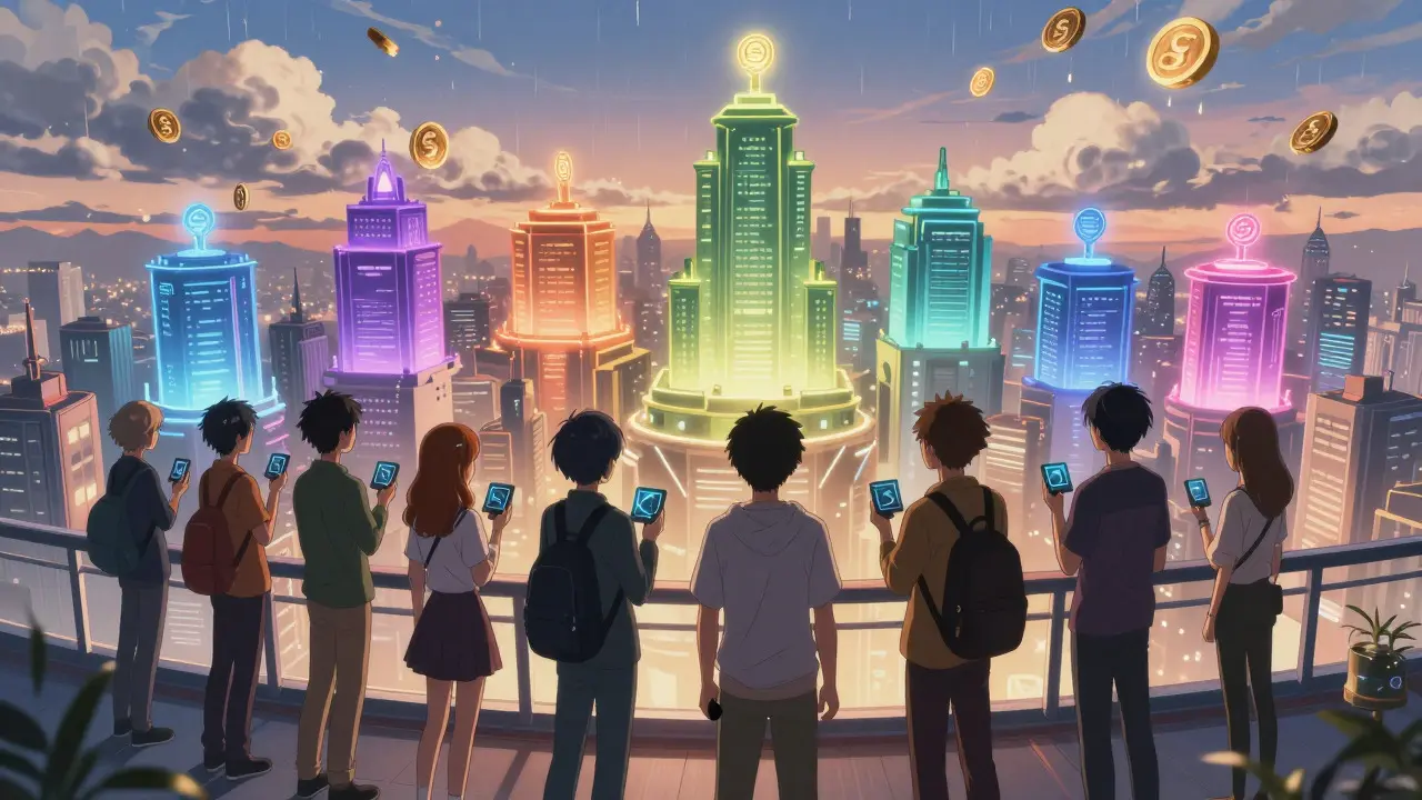 Anime characters observing a futuristic city of light representing a multi-chain DeFi ecosystem