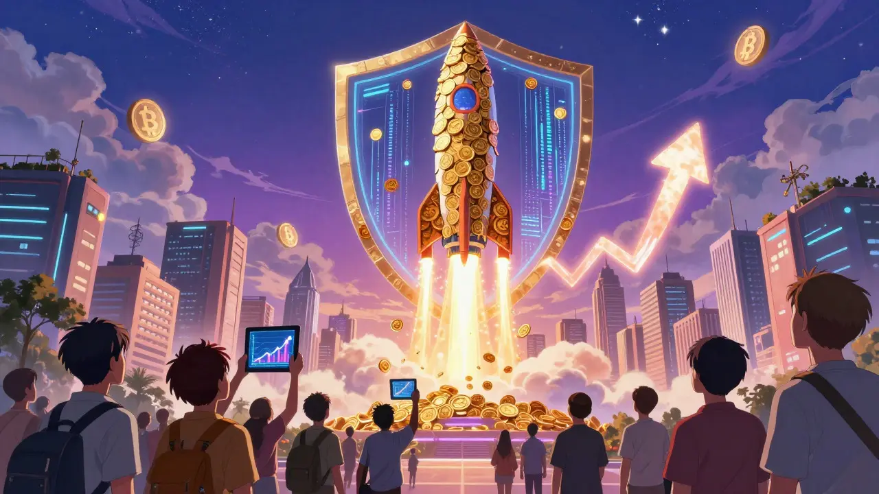 Anime cityscape with a coin-rocket launching into a starry sky, viewed by a crowd below