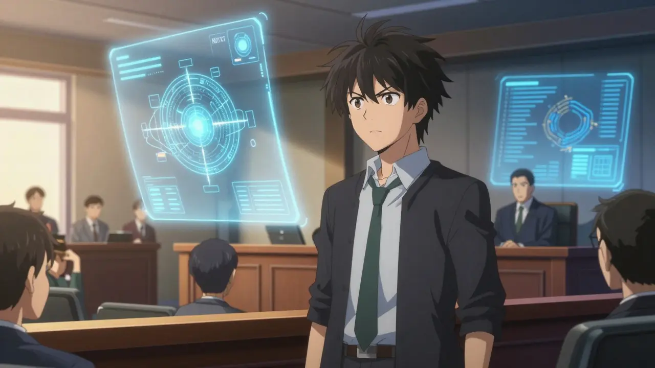 Anime courtroom scene with developer facing trial