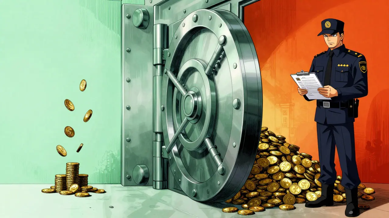 Anime depiction of regulatory thresholds comparing small and large crypto transfers