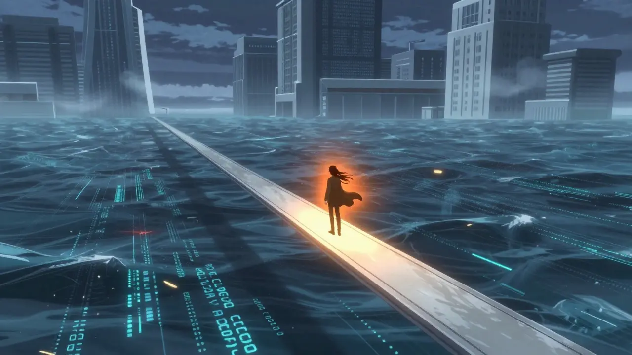Anime figure standing on a light bridge over digital chaos