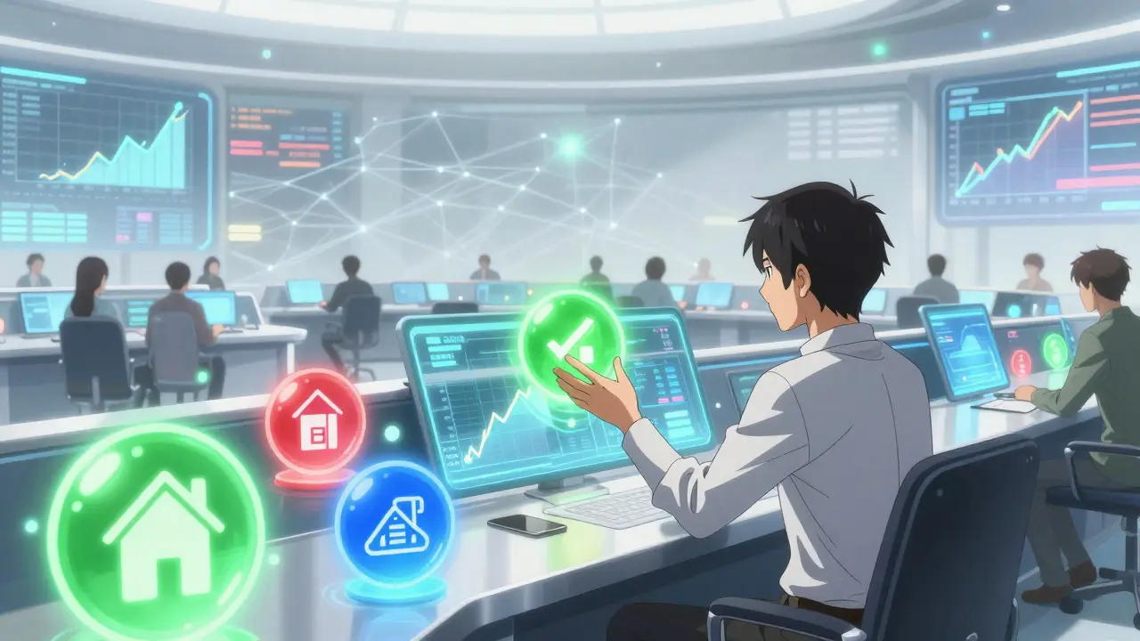 Anime investor selecting glowing asset orbs in a futuristic room