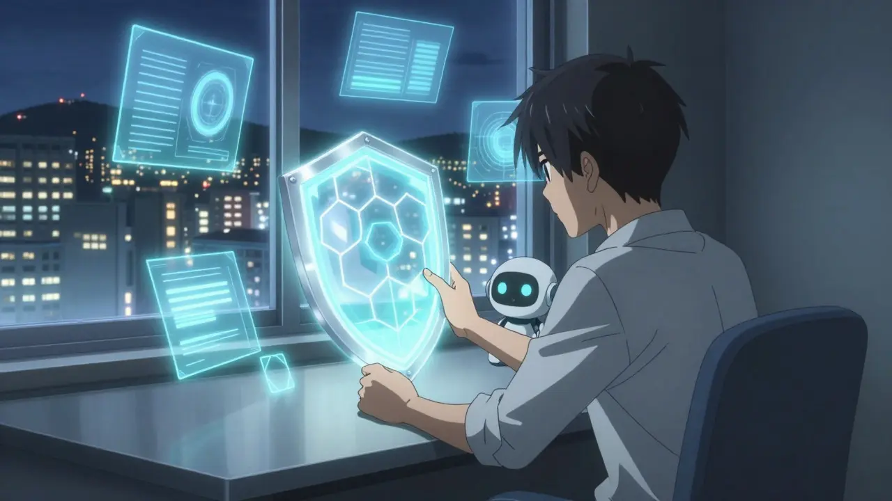 Anime protagonist surrounded by a glowing security shield while reviewing data