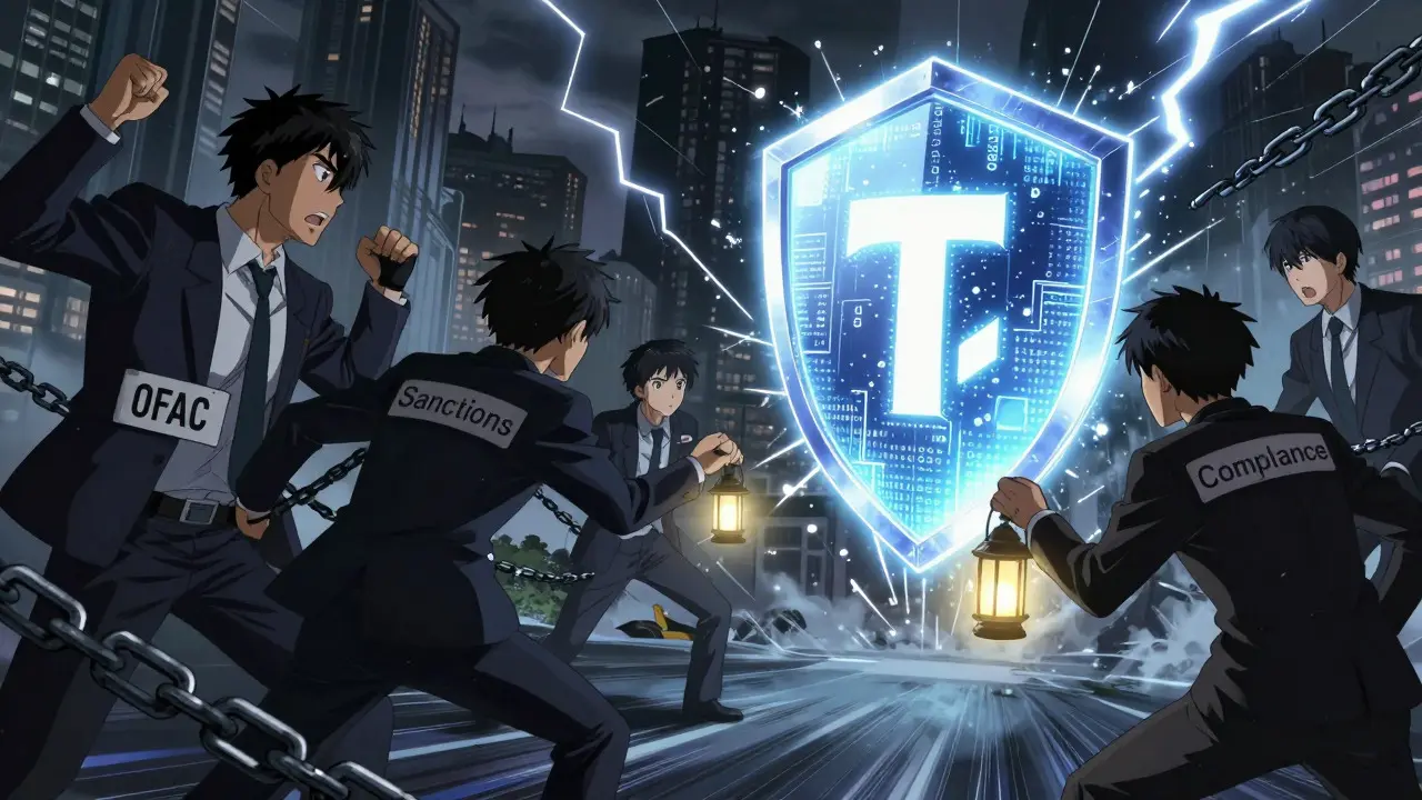 Anime scene showing code shield defending against regulatory sanctions