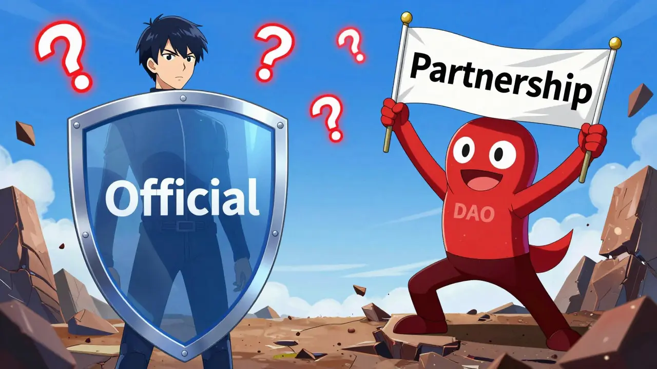 Anime scene showing fake partnership claim vs official CoinMarketCap shield