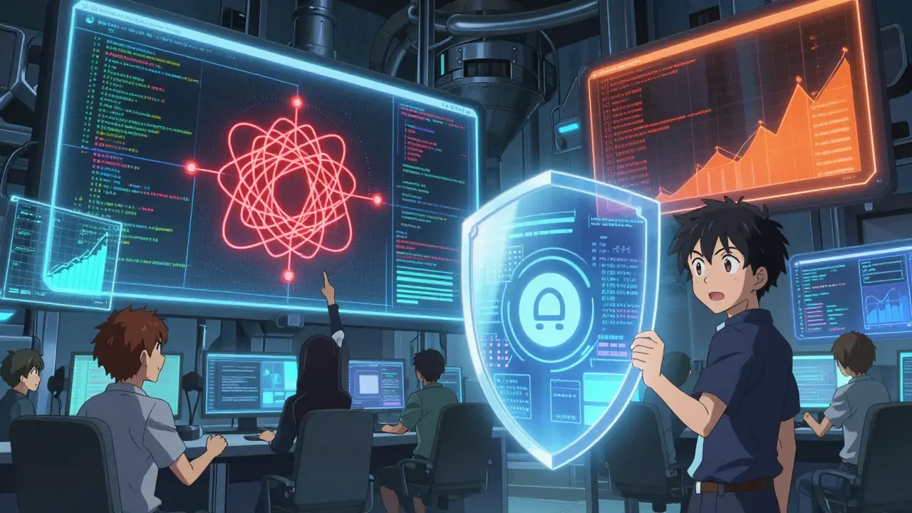 Anime security team monitoring code attacks and privacy shields in a high-tech server room