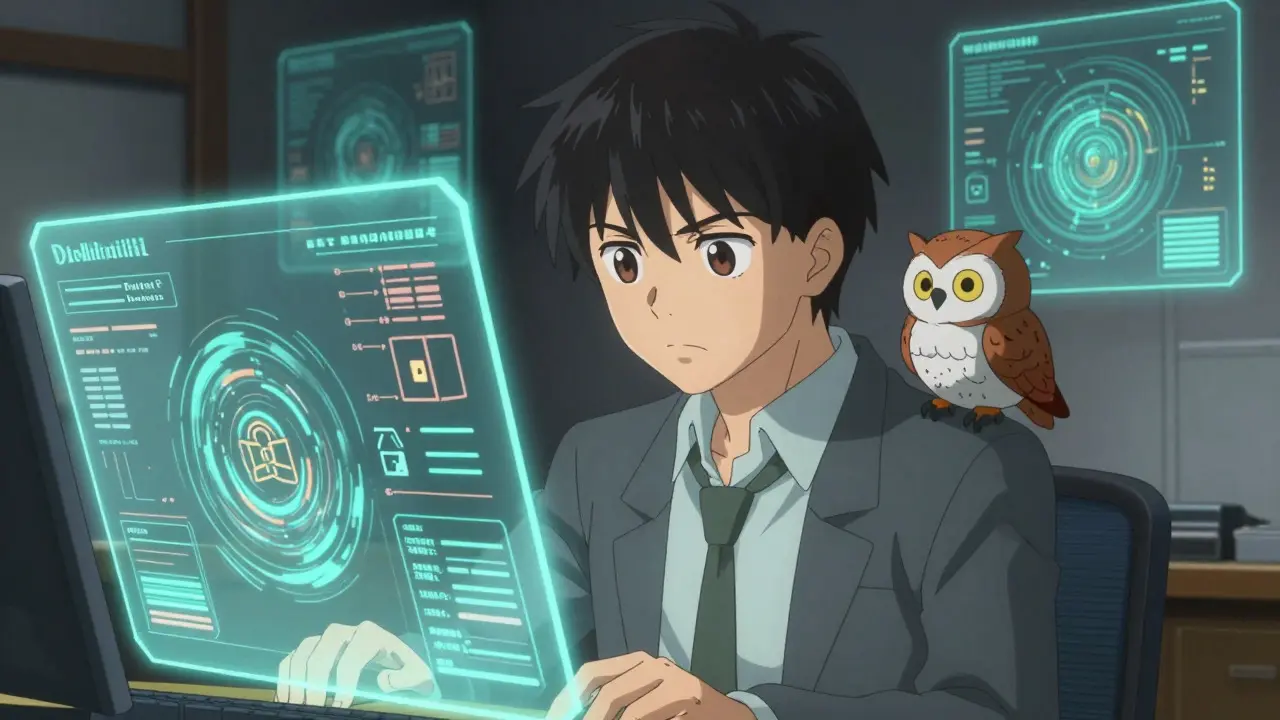 Anime trader analyzing holographic crypto data in a dark room