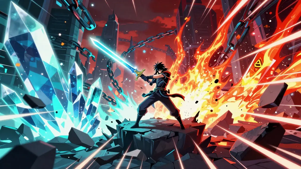 Anime warrior battling through fragmented metaverse worlds with a light sword.