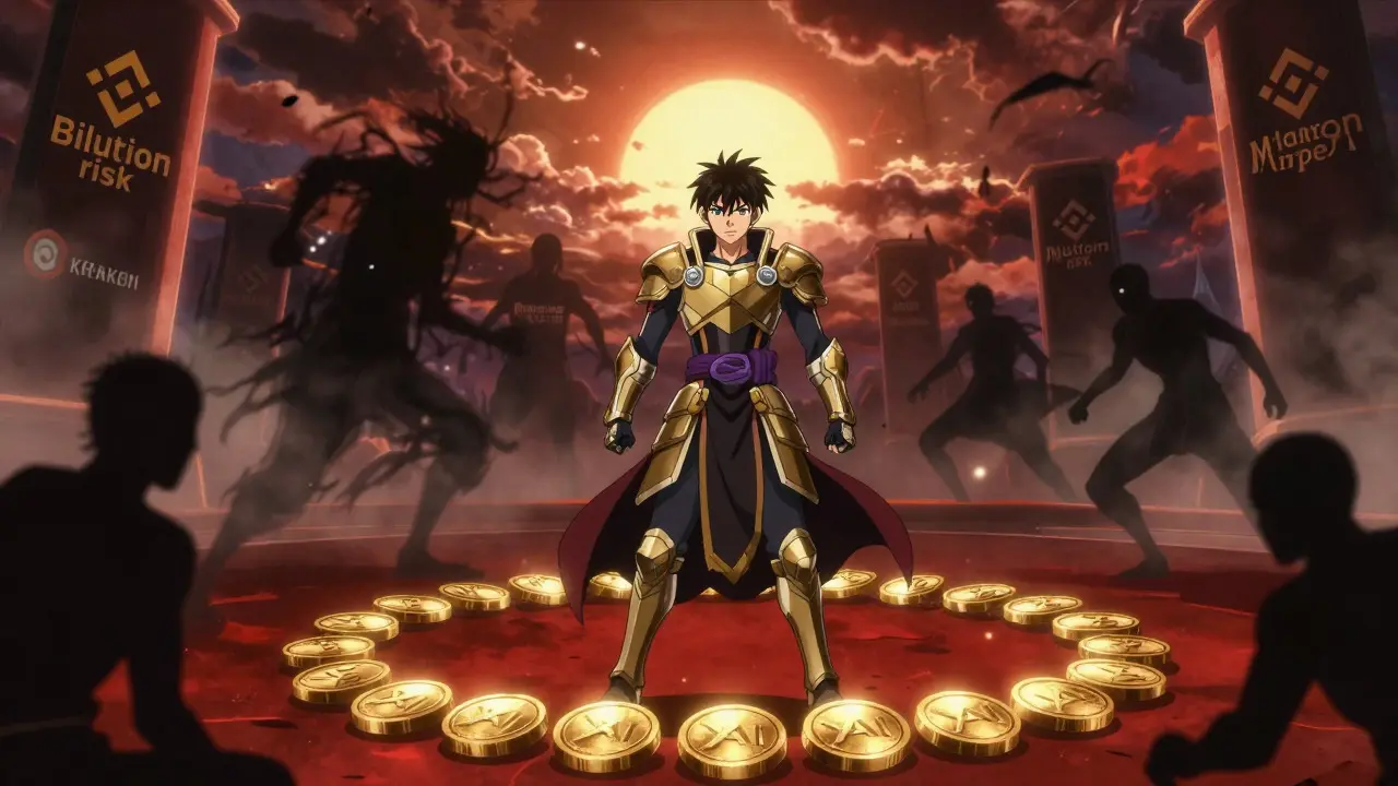 Anime warrior defeating shadowy risks representing stable tokenomics