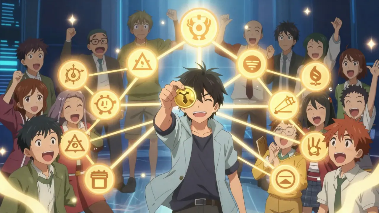 Character connected to a glowing network of referrals earning rewards.