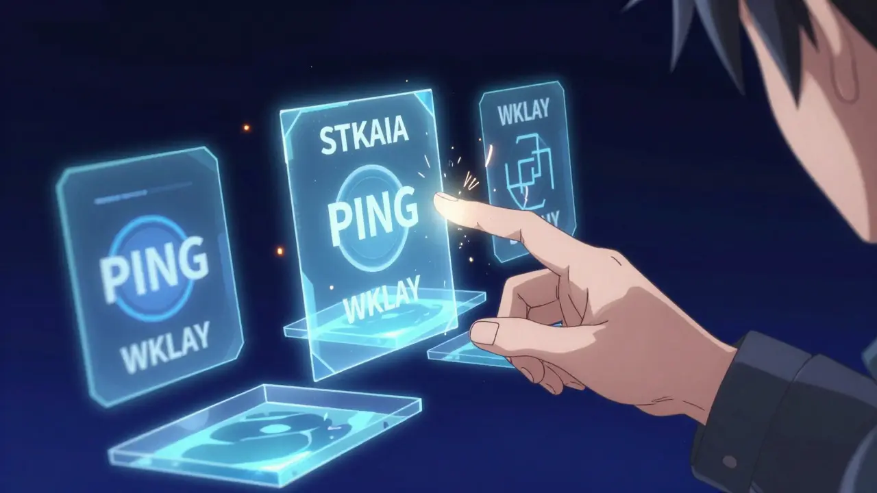 Character interacting with a small, flickering holographic trading interface